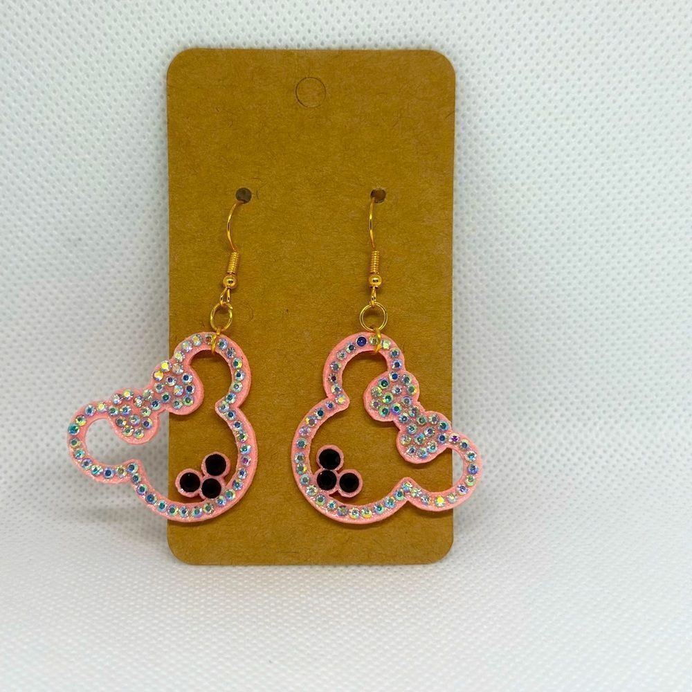 Pink Rhinestone & Pearls Mickey Mouse Felt Dangle Earrings